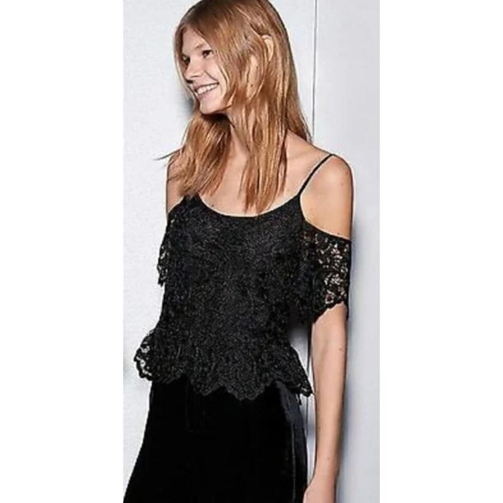 Zara Black Lace Cold Shoulder Short Sleeve Blouse S